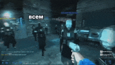 a person holding a gun in a video game with the word привет on the bottom