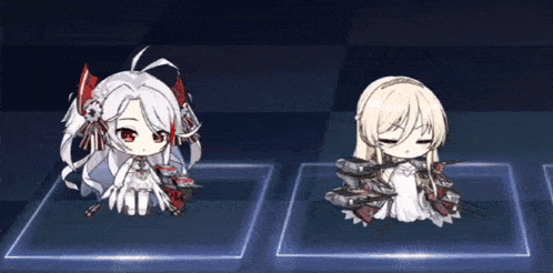 two anime girls are sitting on a chess board .