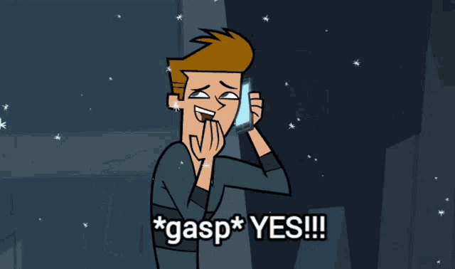 a cartoon man is holding a cell phone and says gasp yes !!!