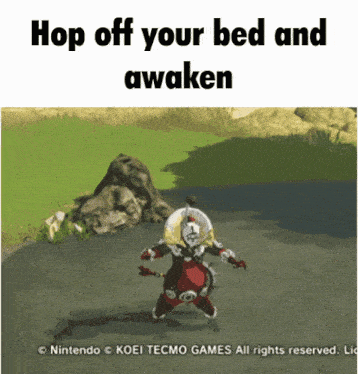 a screenshot of a video game says hop off your bed and awaken