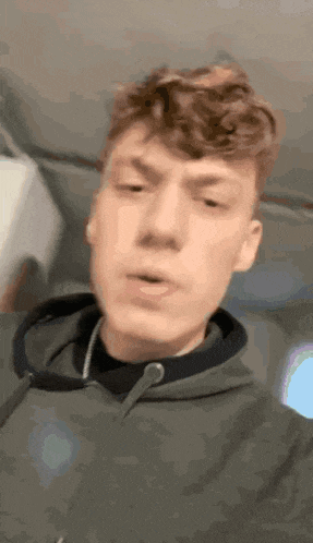 a young man with curly hair is wearing a gray hoodie and a black shirt .