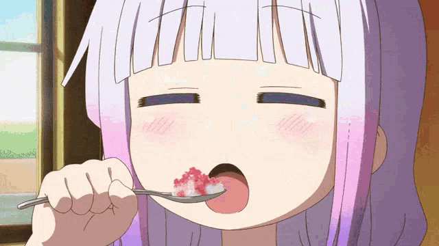 a girl with purple hair is eating a spoonful of food