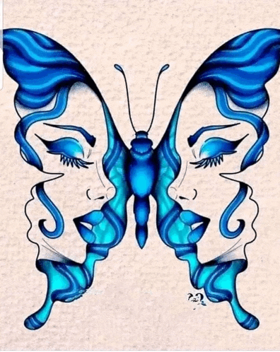 a butterfly with two women 's faces on its wings
