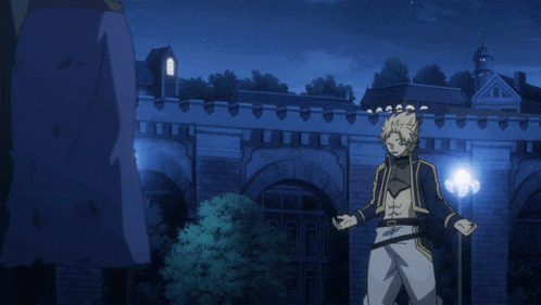 a girl with long blue hair stands in front of a castle