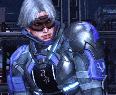 a man in a purple and silver armor with the word o.c.r.e.t. on his chest