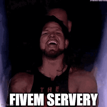 a man with a beard is laughing with the words fivem servery on his face .