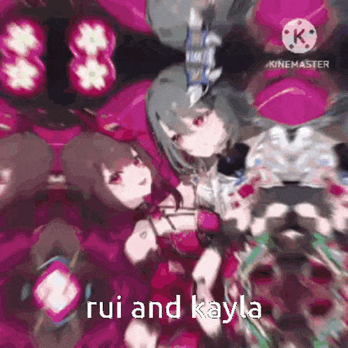 two anime girls are standing next to each other with the words rui and kayla written on the bottom .