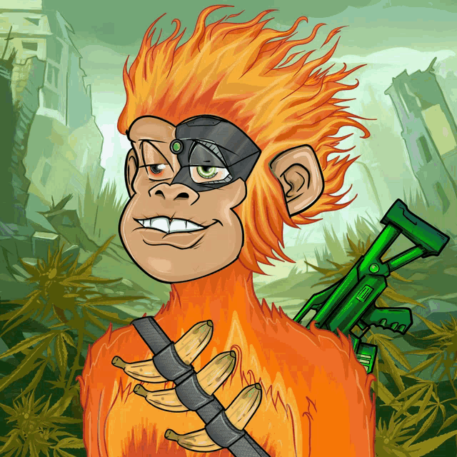 a cartoon of a monkey holding a gun and bananas