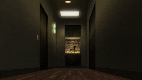 a dark hallway with a brick wall and a light on