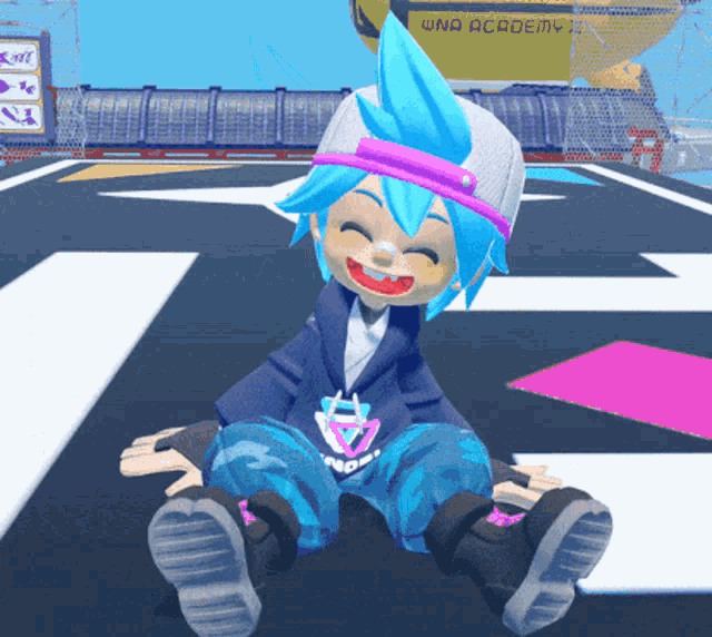 a cartoon character sits on the ground in front of a sign that says wna academy