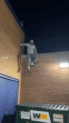 a person is jumping over a dumpster with a wm logo on it