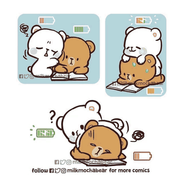a cartoon of two bears reading a book with the words follow milkmochabear for more comics