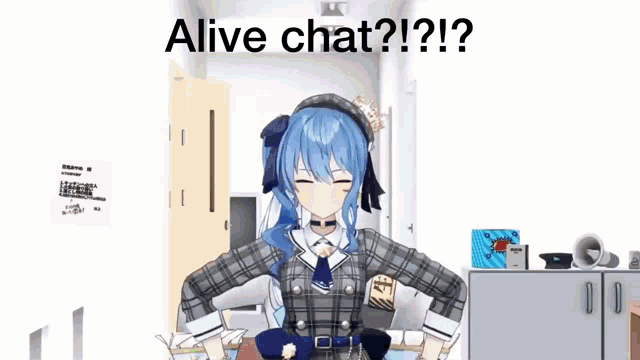 a 3d anime girl with blue hair is standing in a room .