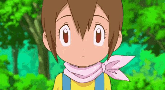 a cartoon girl with brown hair and a pink scarf around her neck is standing in a forest .