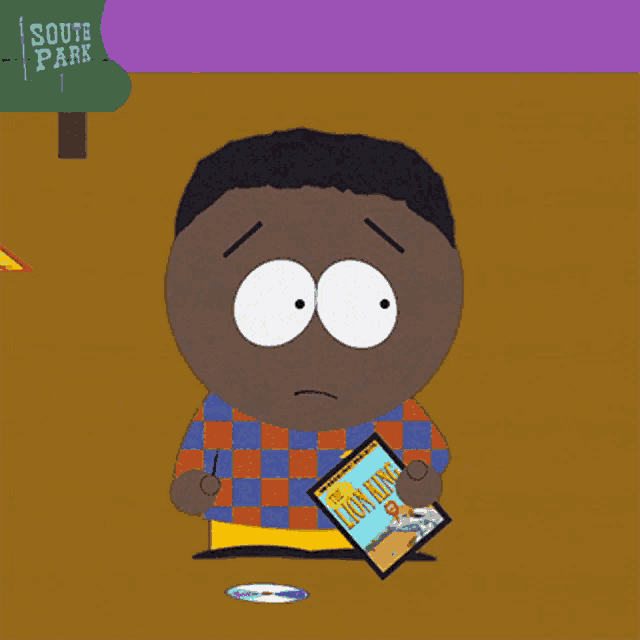 a cartoon character from south park holding a lion king dvd