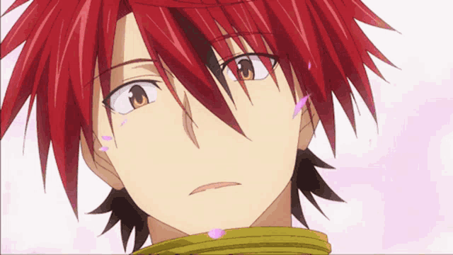 a close up of a red haired anime character 's face