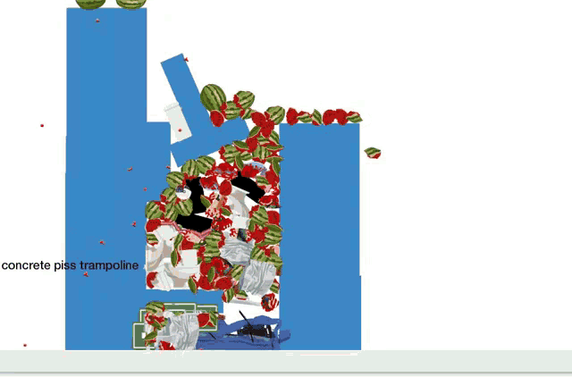 a computer screen shows watermelons falling from a trampoline and says concrete piss trampoline