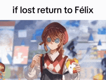a picture of a girl with the words if lost return to felix on the bottom