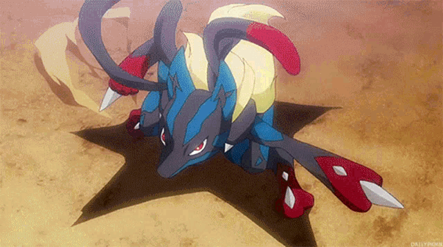 a blue and red pokemon is laying on the ground with a star in the background .
