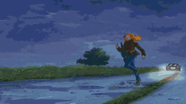 a pixel art illustration of a woman running in the rain