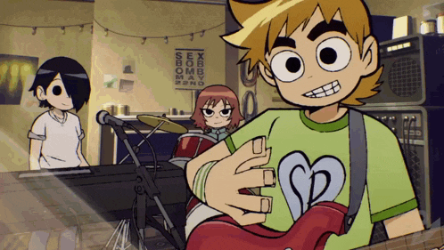 a cartoon of a boy holding a guitar with a heart on it