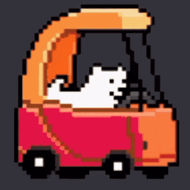 a pixel art of a dog driving a red car