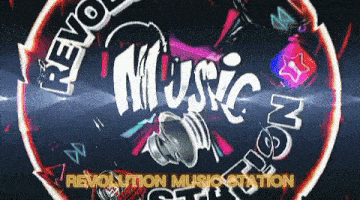 a revolution music station logo is displayed on a black background