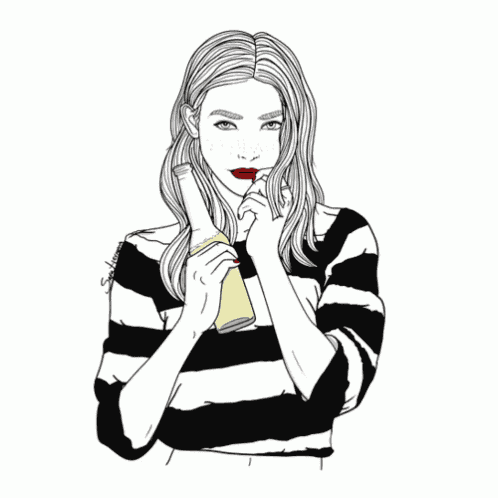 a drawing of a woman holding a bottle in her hand