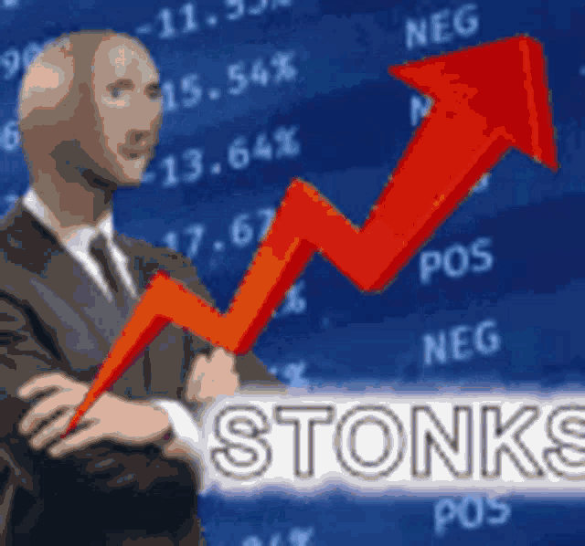 a man in a suit and tie stands in front of a red arrow that says stoniks