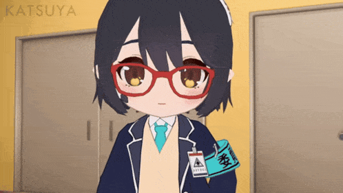 a cartoon of a girl with glasses and a name tag that says katsuya