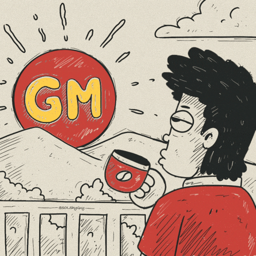 a drawing of a man drinking a cup of coffee with a gm logo behind him