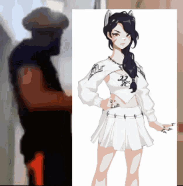 a man in a hat is standing next to a drawing of a woman in a white dress