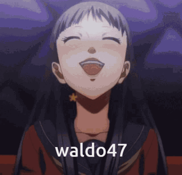 a girl is laughing with the name waldo47 written below her