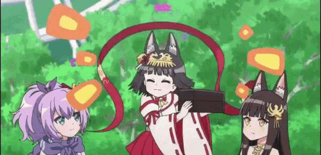 a group of anime girls are standing next to each other .