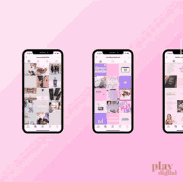 three cell phones on a pink background with play digital written on the bottom left