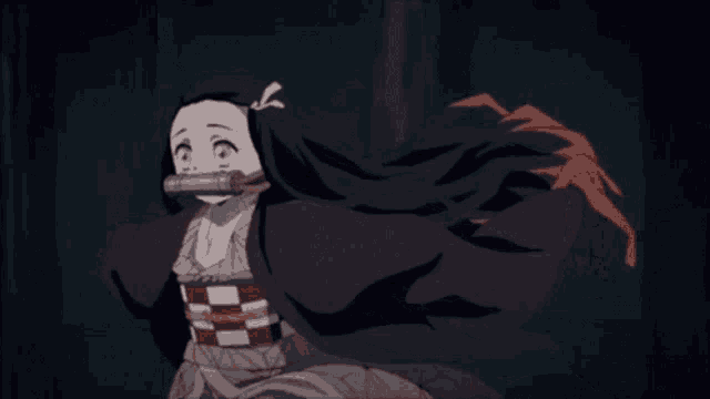 a girl in a kimono is running through a dark forest
