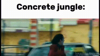 a woman is walking down a street next to a car with the words `` concrete jungle '' written above her .