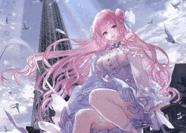 a girl with pink hair and a white dress stands in front of a tower