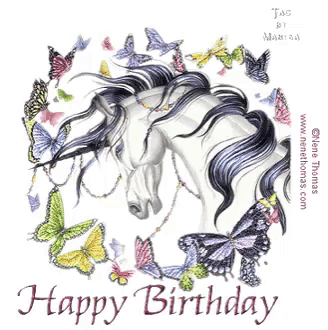 a birthday card with a unicorn and butterflies says happy birthday