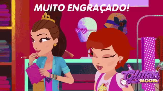 a cartoon advertisement for glitter model shows two girls in a store