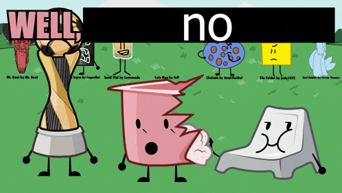 a group of cartoon characters are standing in a field with a sign that says well and no
