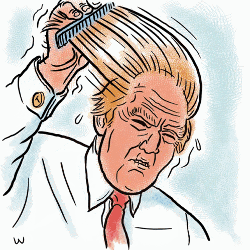 a drawing of donald trump combs his hair with the letter w on the bottom right