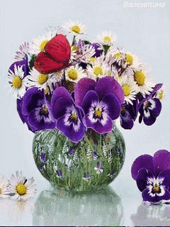 a vase filled with purple and white flowers with the name valentina on the bottom right