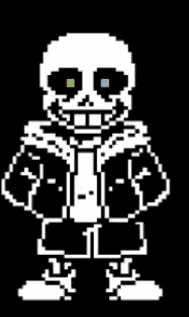 a pixel art of a skeleton with blue eyes and a black background .