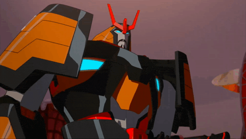 a black and orange robot with red horns and a blue light on his head