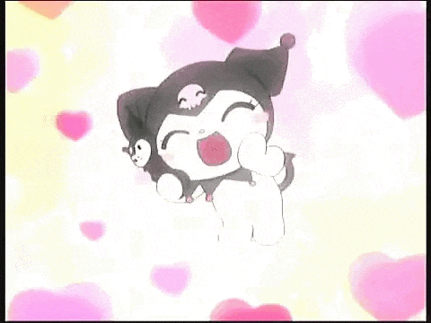 a cartoon character is surrounded by pink hearts on a yellow background .