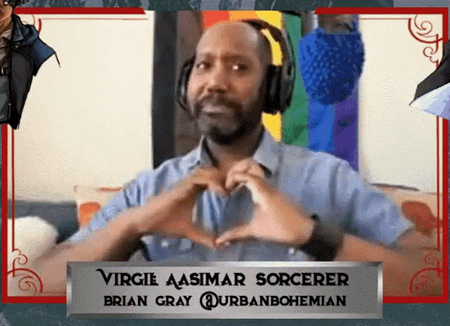 virgie aasimar sorcerer brian gray @urbanbohemian making a heart with his hands