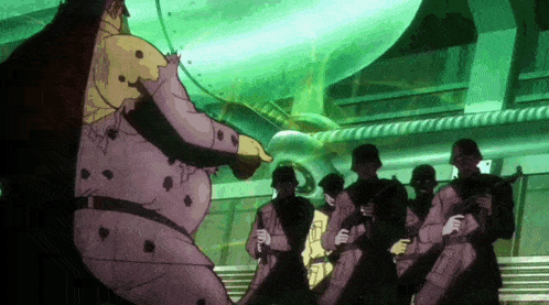 a group of soldiers are standing around a large man in a purple suit .