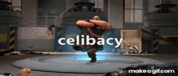 a cartoon character is dancing with the word celibacy in the background