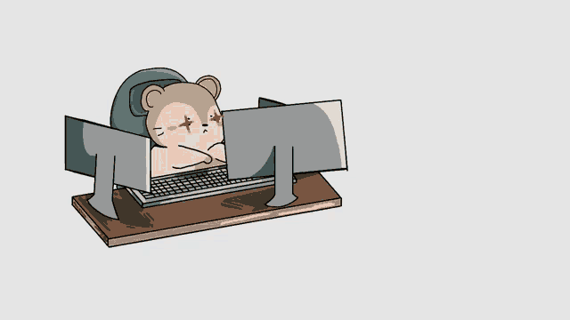 a cartoon of a mouse sitting at a desk with two monitors